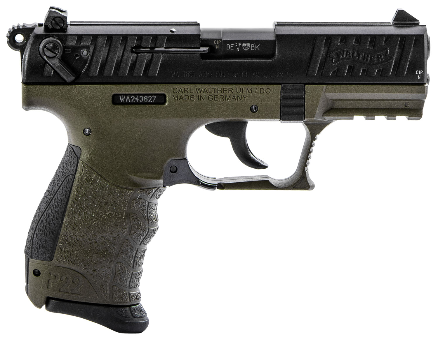 Walther Arms 5120715 P22 Q Military 22 LR 10+1 3.42" Steel/Threaded Barrel, Matte Black Tenifer Serrated/Steel Slide, OD Green Polymer Frame w/Picatinny Rail, Black Interchangeable Backstrap Grips