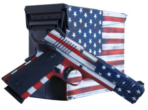 Citadel CITC45FUSAAC M1911 Flag 45 ACP 8+1, 5" Stainless Steel Barrel, American Flag Cerakote Serrated Steel Slide, Steel Frame w/Beavertail, Features Matching Ammo Can, Ambidextrous