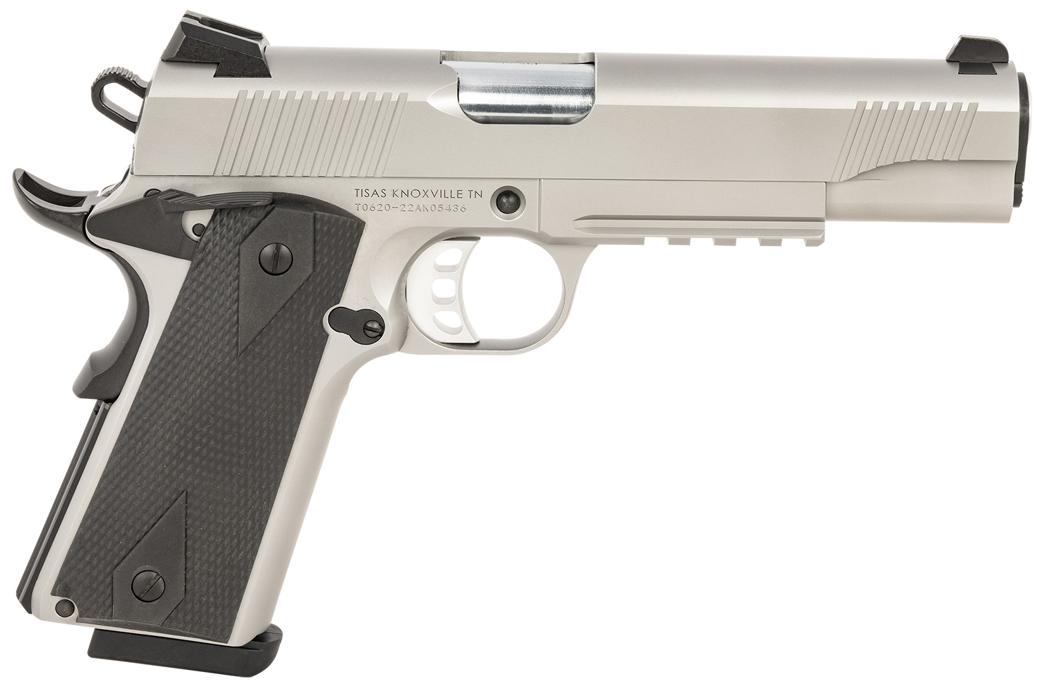 Tisas 10100533 1911 Duty 45 ACP 8+1 5" Black Steel Barrel, Stainless Serrated Slide, Satin Stainless Steel Frame w/Accessory Rail & Beavertail, Ambidextrous