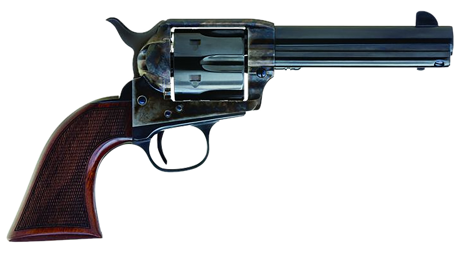 Cimarron AR410 Arizona Ranger 45 Colt (LC) 6 Shot, 4.75" Blue w/Engraved "Arizona Ranger" Steel Barrel, Blued Cylinder, Color Case Hardened Steel Frame, Checkered Walnut Grip, Exposed Hammer