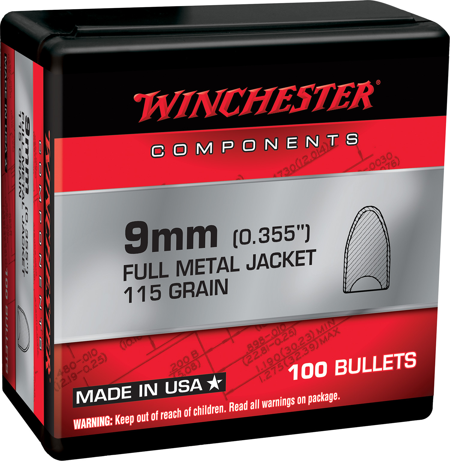 Winchester Ammo WB9MC115X Centerfire Handgun Reloading 9mm 115gr Full Metal Jacket Flat Base 100 Per Box/10 Case