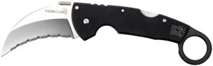 Cold Steel CS22KFS Tiger Claw  3.50" Folding Hawkbill Serrated Stonewashed American S35VN Blade/6" Matte Black w/Ring G10 Handle Includes Belt Clip