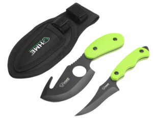 HME HMEKN2PSGC Skinning Kit  3.50" Fixed Skinner w/Gut Hook/Caping Plain/Gut Hook Black Oxide 420HC Blade, TPR Green Handle