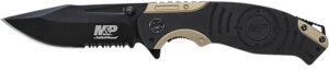 Smith & Wesson Knives SWP13BSCP M&P  3.50" Folding Drop Point Part Serrated Stonewashed 8Cr13MoV SS Blade/Black & Tan Aluminum Handle Includes Pocket Clip