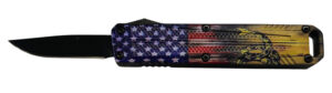 Xcaliber Knife Company Drop Point Mini 1.80" OTF Drop Point Plain Black 440C SS Blade, 3.52" US Flag Aluminum Handle