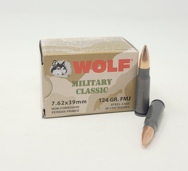 Wolf 7.62x39mm Ammunition Military Classic WMC76239FMJ124 124 Grain Bi-Metal Full Metal Jacket 20 Rounds